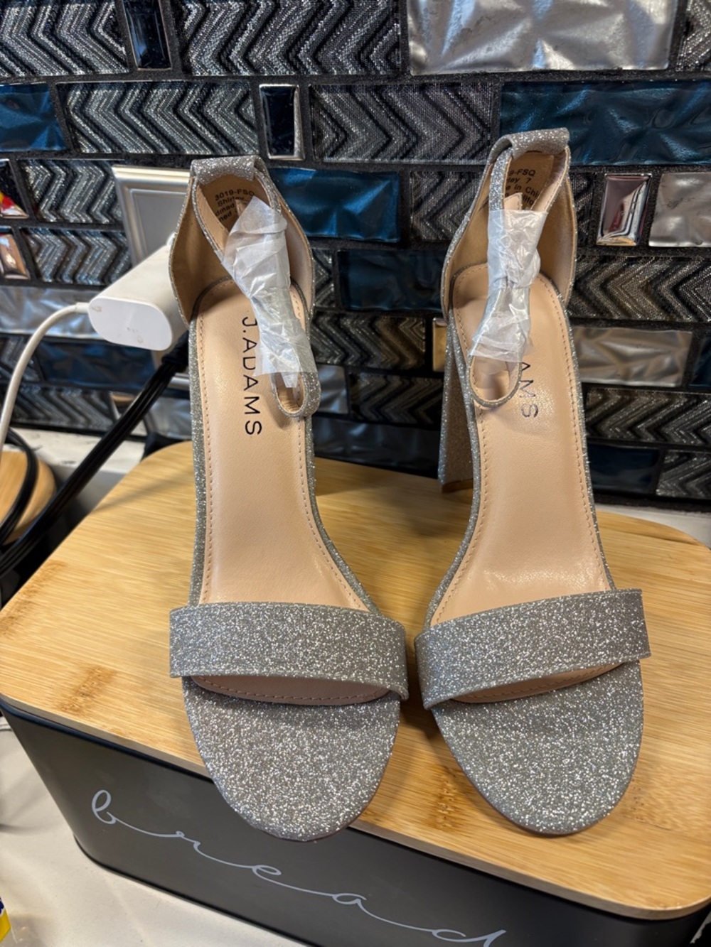Adams Silver Glitter Ankle-Strap Block Heel Sandals